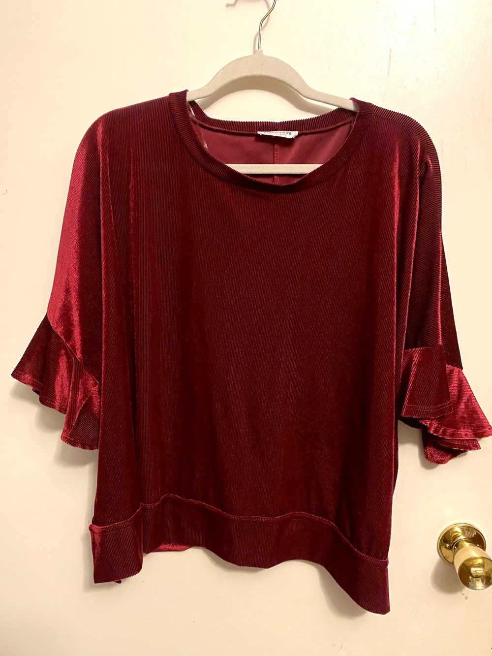 First Love Velvet Ruffle Sleeve Top - Wine Red